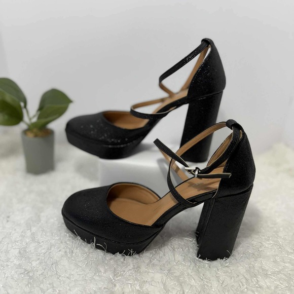 Report Platform Heels Ankle Strap Chunky Block‎ Heel Sparkle Black Size 8 - Picture 1 of 10